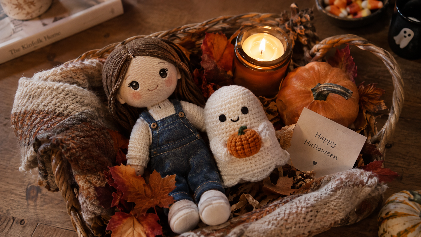 Spooky Basket with Halloween gift ideas, including personalized and plush dolls. 