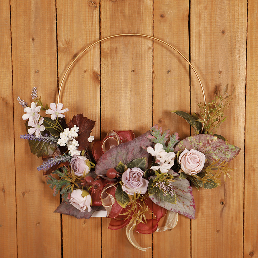 Rose Maple Leaf Artificial Flower Hoop Wall Hanging Wreath Fall Decorations For Home