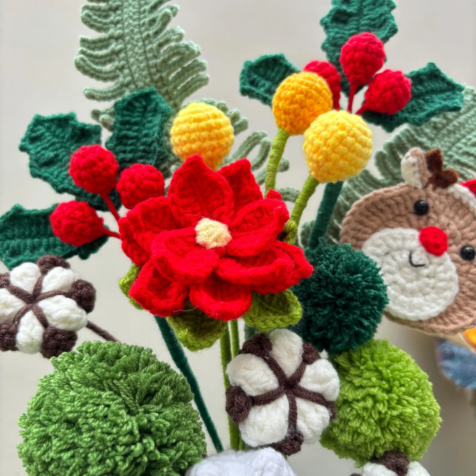 Handmade Christmas Reindeer Crochet Flower Bouquet Holiday Decor 