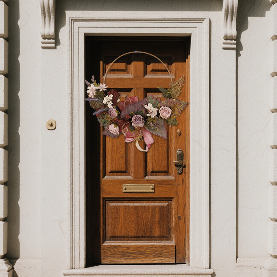 Rose Maple Leaf Artificial Flower Hoop Wall Hanging Wreath Fall Decorations For Home