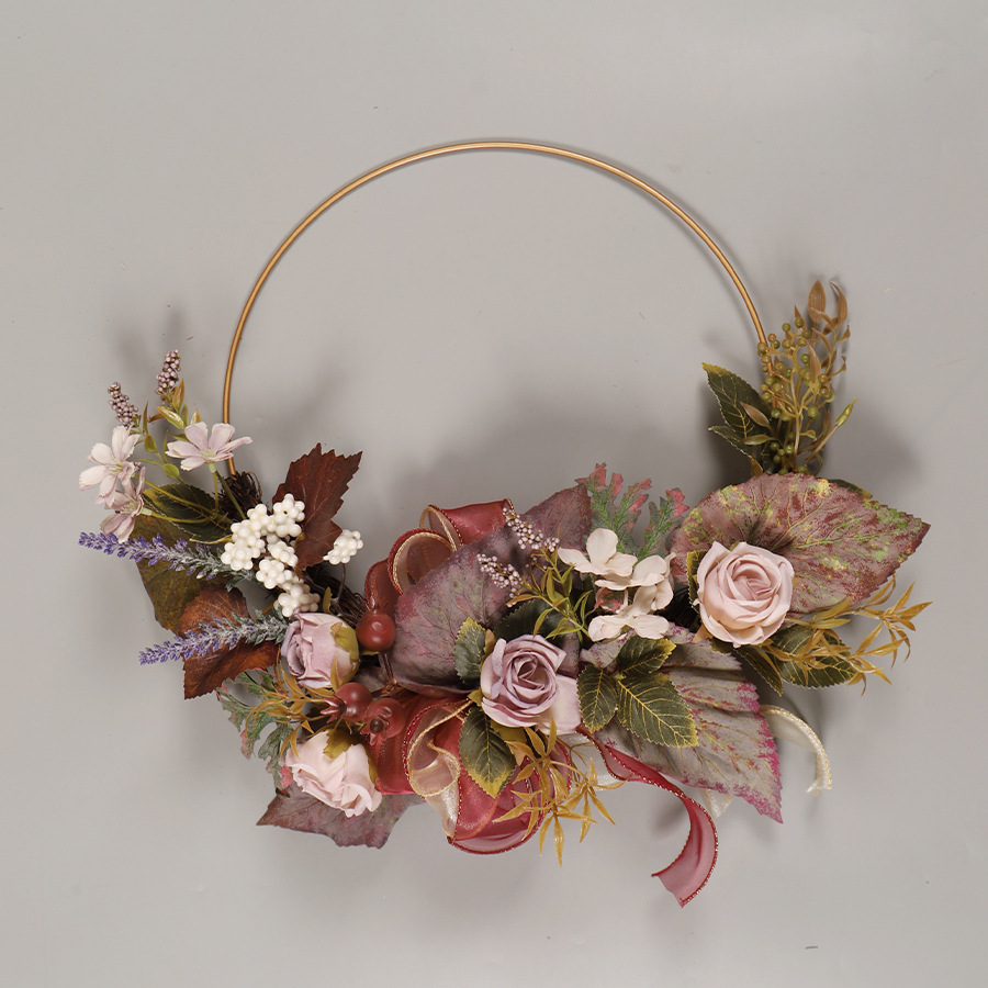 Rose Maple Leaf Artificial Flower Hoop Wall Hanging Wreath Fall Decorations For Home