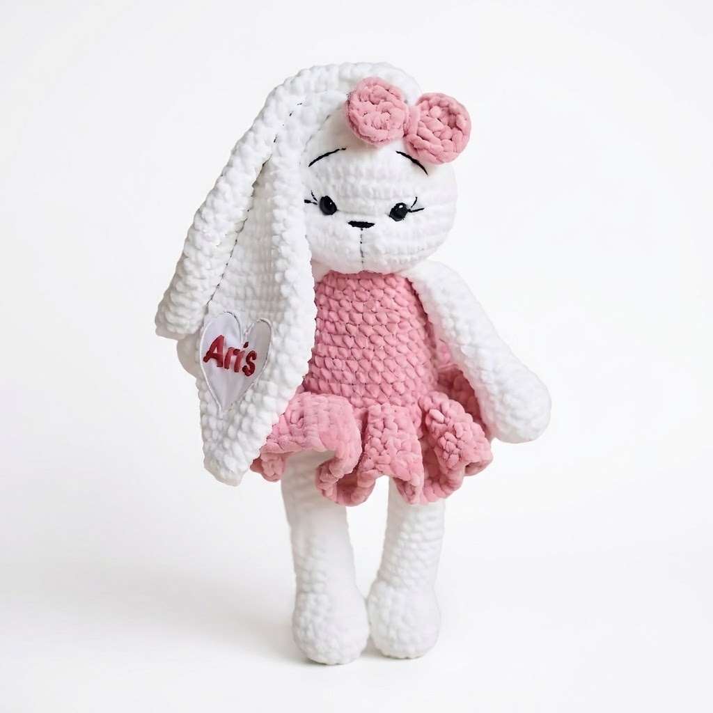 Personalized Crochet Bunny Plush Doll, Free Custom Embroidered Name Plushie for Friends, Kids & Lovers