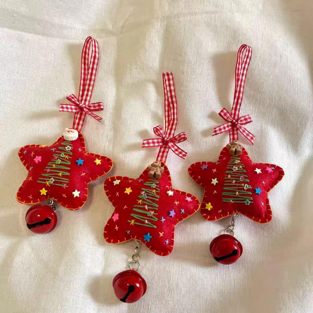 Handmade Christmas Magic Red Felt Star Ornaments with JingleBells 