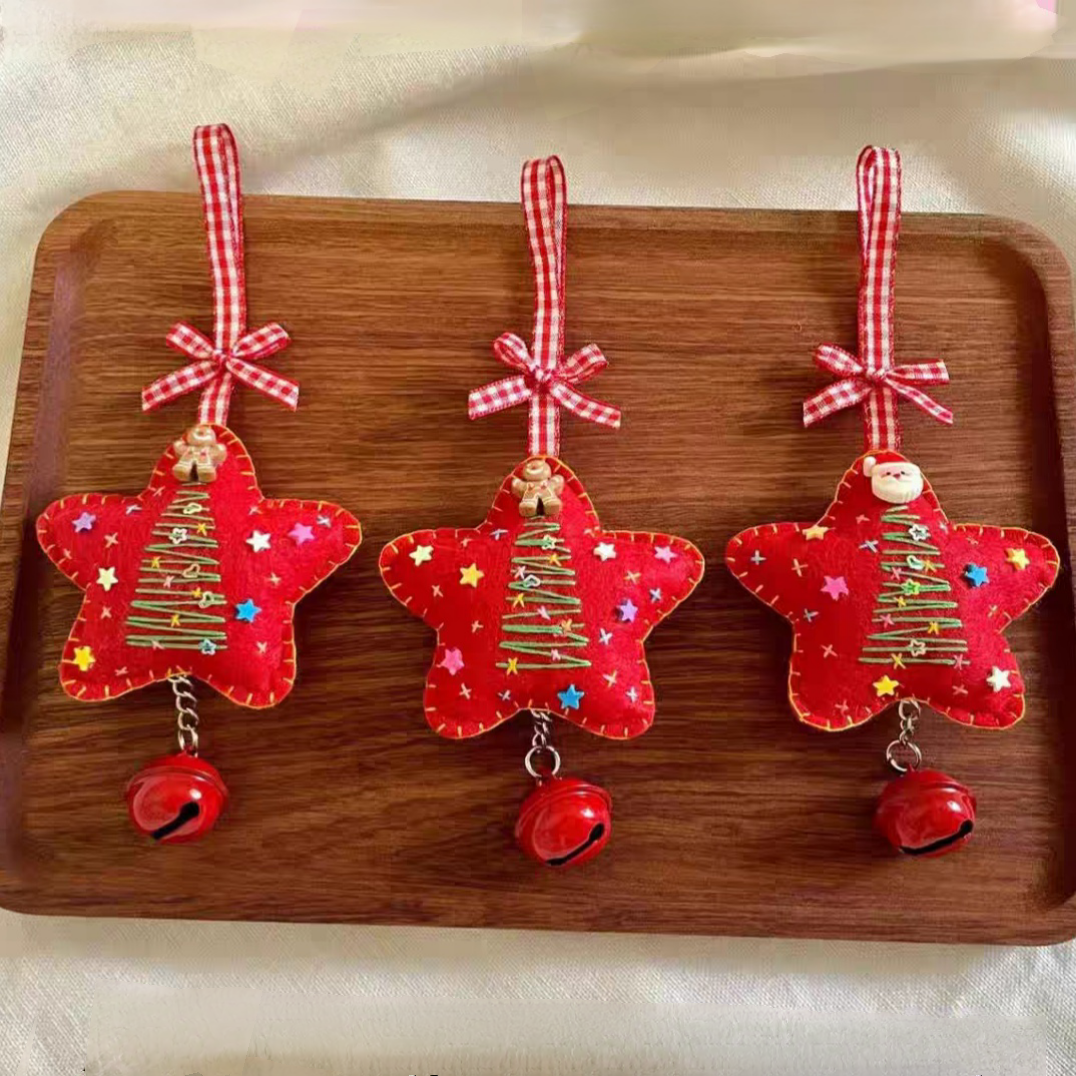 Handmade Christmas Magic Red Felt Star Ornaments with JingleBells 