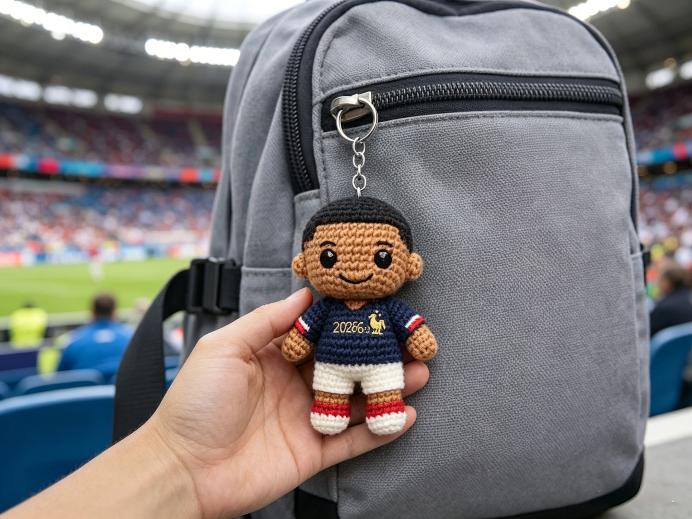 Personalized match-day keychain mascot at a 2026 World Cup stadium.