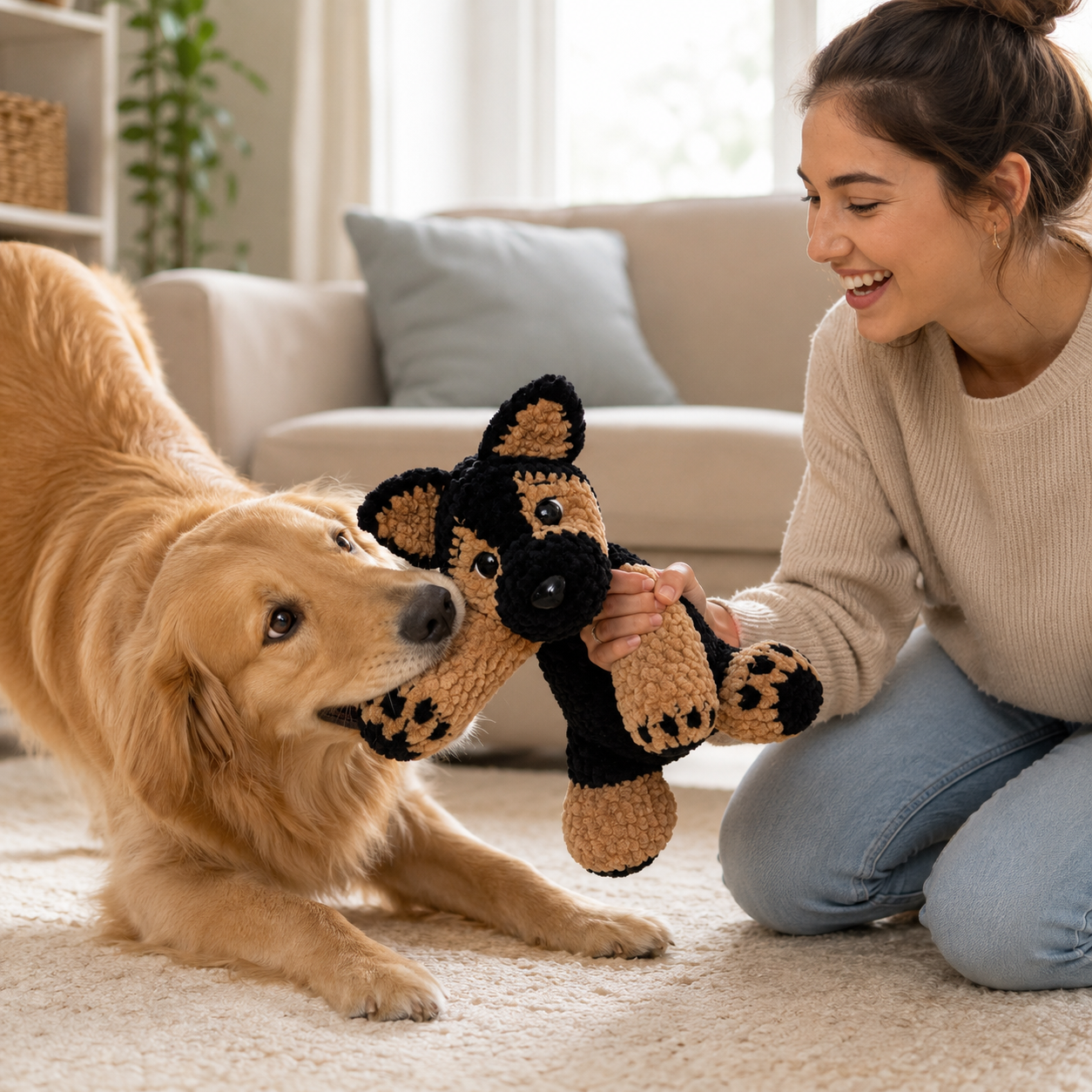 Handmade Crochet Animal Dolls, German Shepherd Plush Toy, Soft Plush Dog Stuffed Animal, Fluffy Stuffed Dolls Plushie