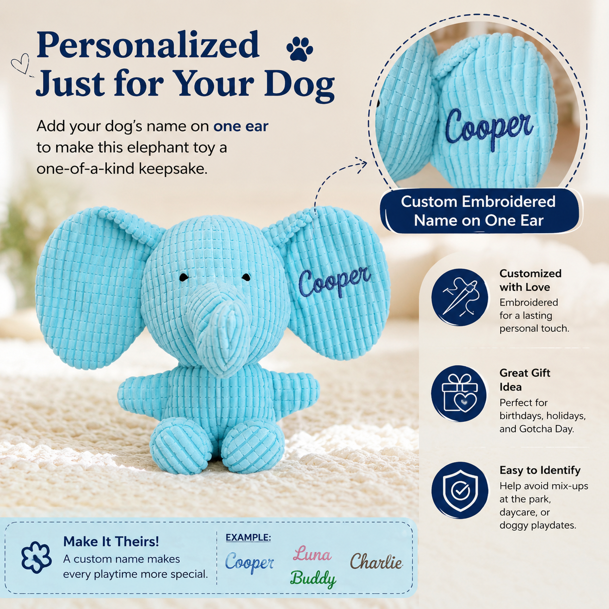 Personalized Elephant Dog Toy with Custom Name, Plush Squeaky Puppy Toy for Small Medium Dogs, Soft Interactive Dog Toy