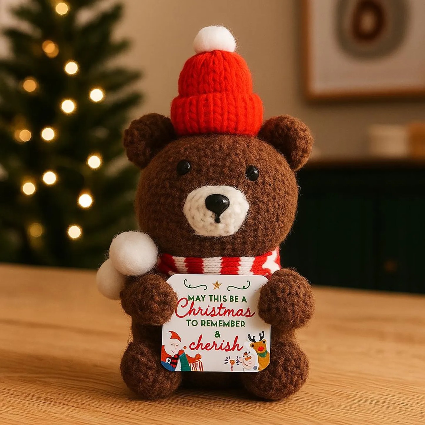 Handmade Crochet Christmas Plush Dolls - Santa/Reindeer/Snowman/Bear with Motivational Cards for Home Decor