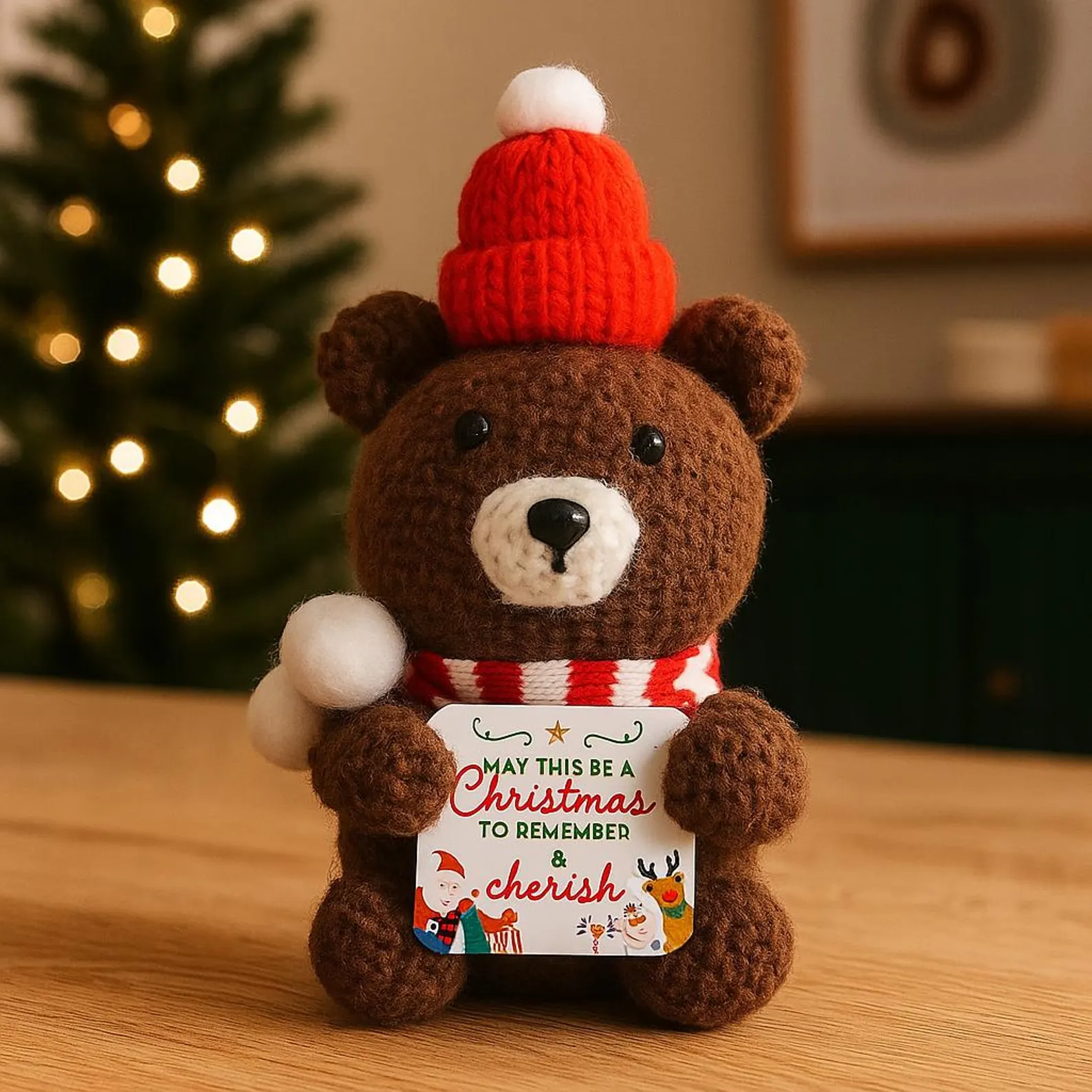 Handmade Crochet Christmas Plush Dolls - Santa/Reindeer/Snowman/Bear with Motivational Cards for Home Decor