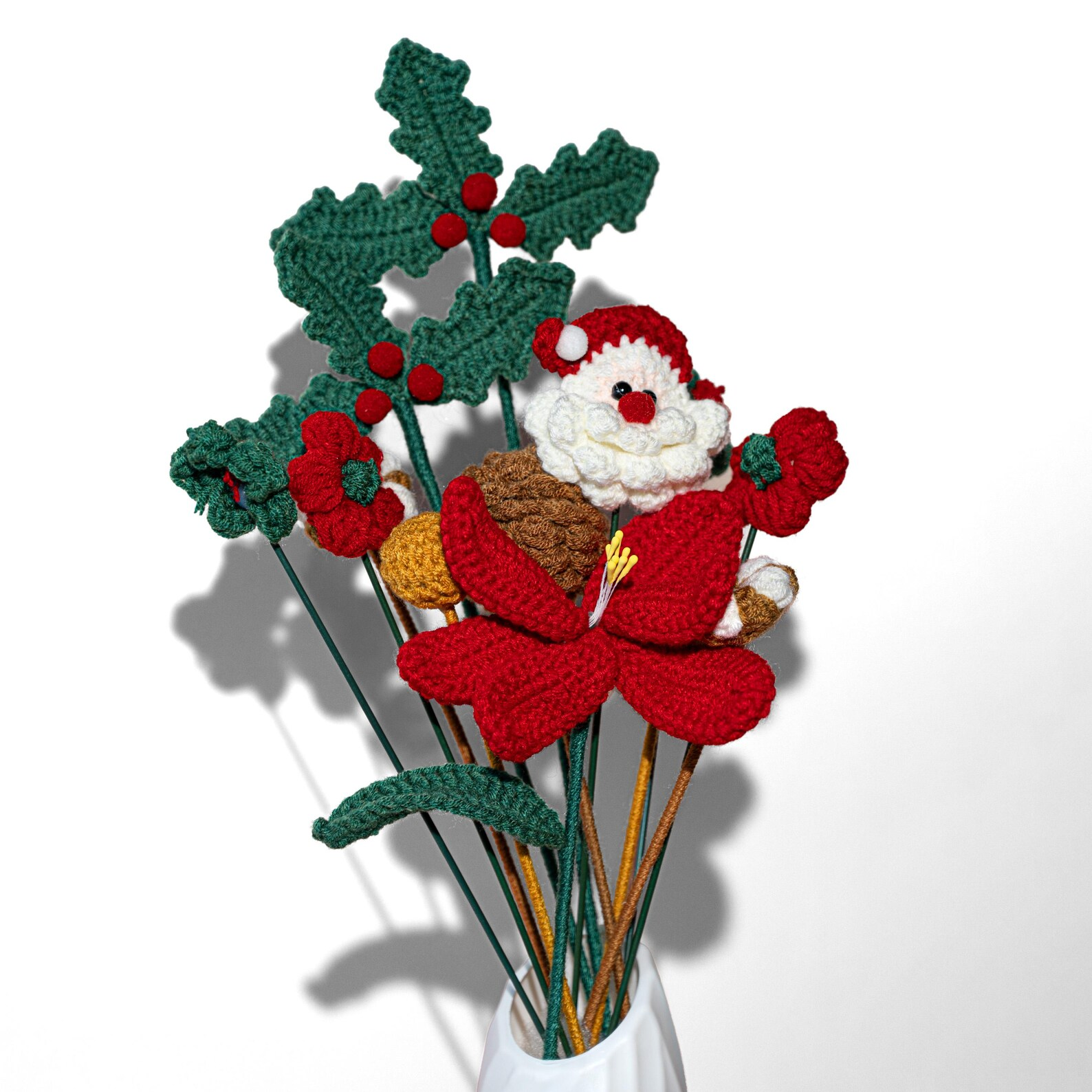 Handmade Crochet Flower Christmas Santa Claus 15.75 Inch Bouquet Festive Decor 