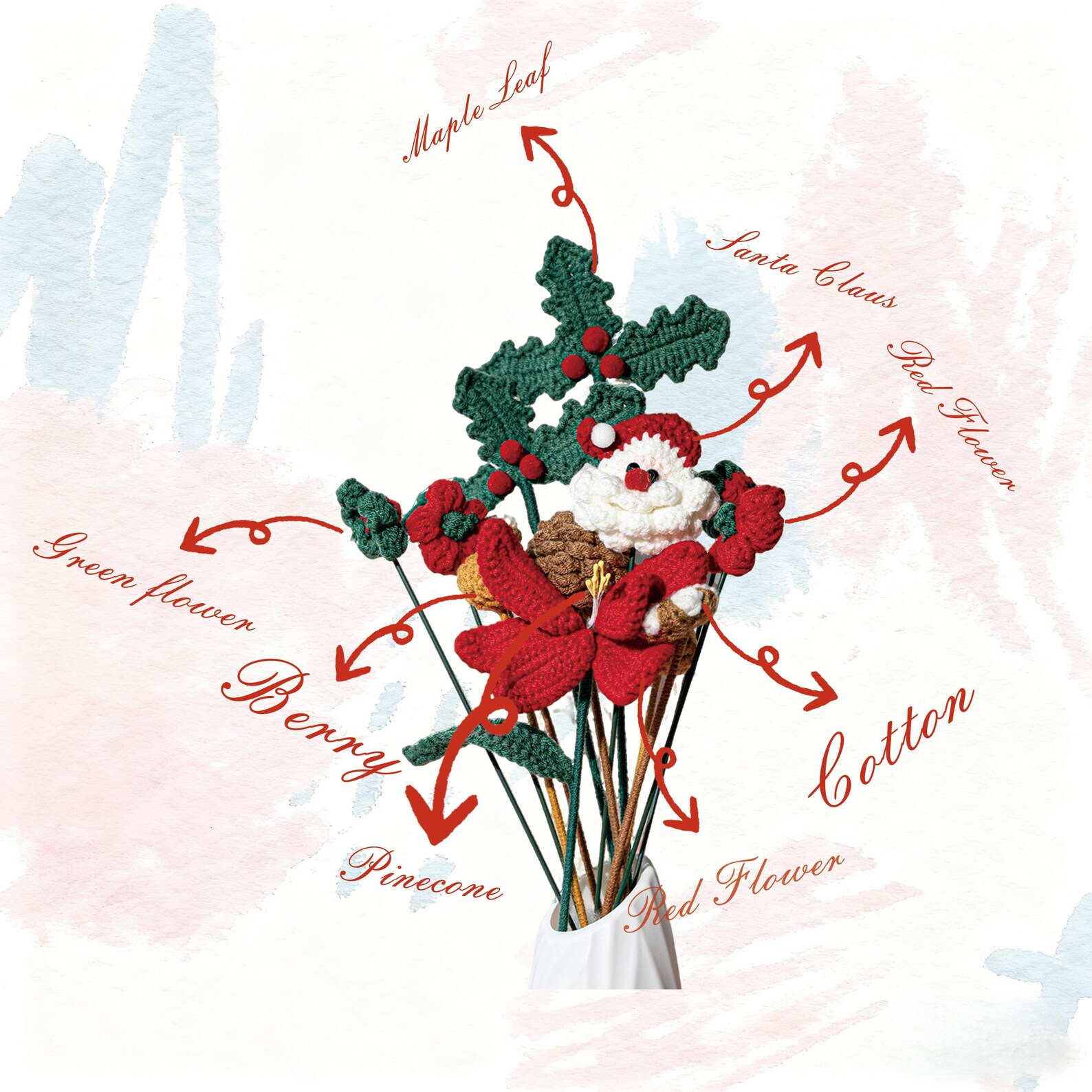 Handmade Crochet Flower Christmas Santa Claus 15.75 Inch Bouquet Festive Decor 