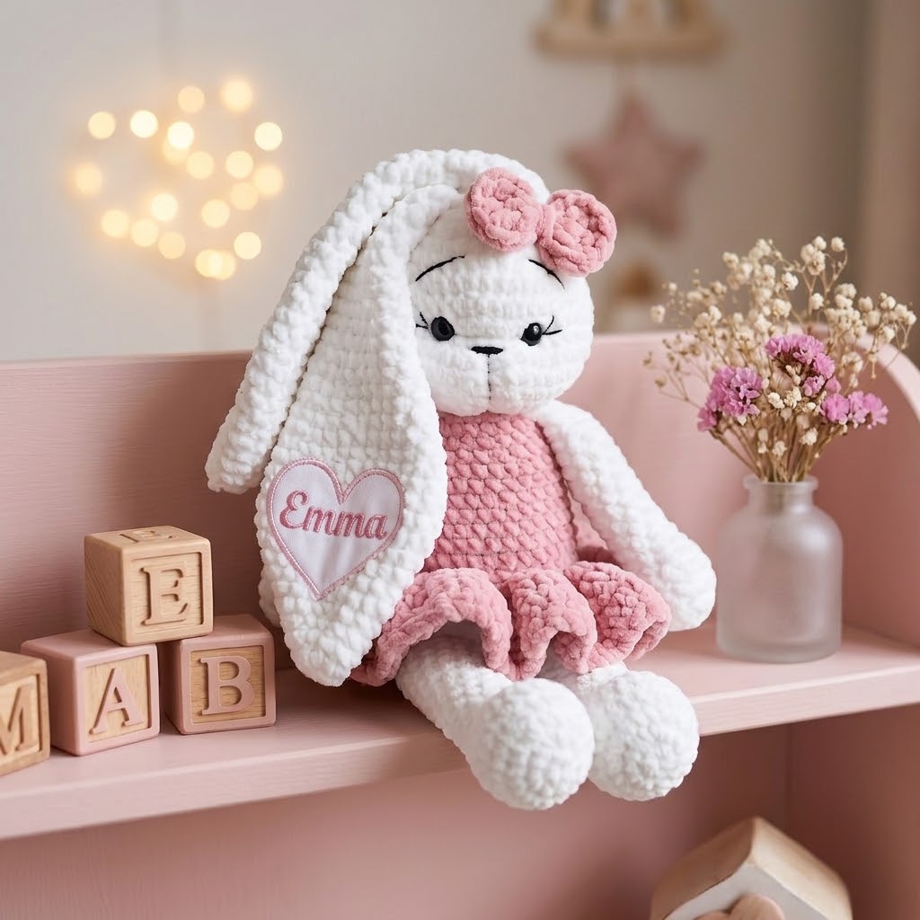 Personalized Crochet Bunny Plush Doll, Free Custom Embroidered Name Plushie for Friends, Kids & Lovers
