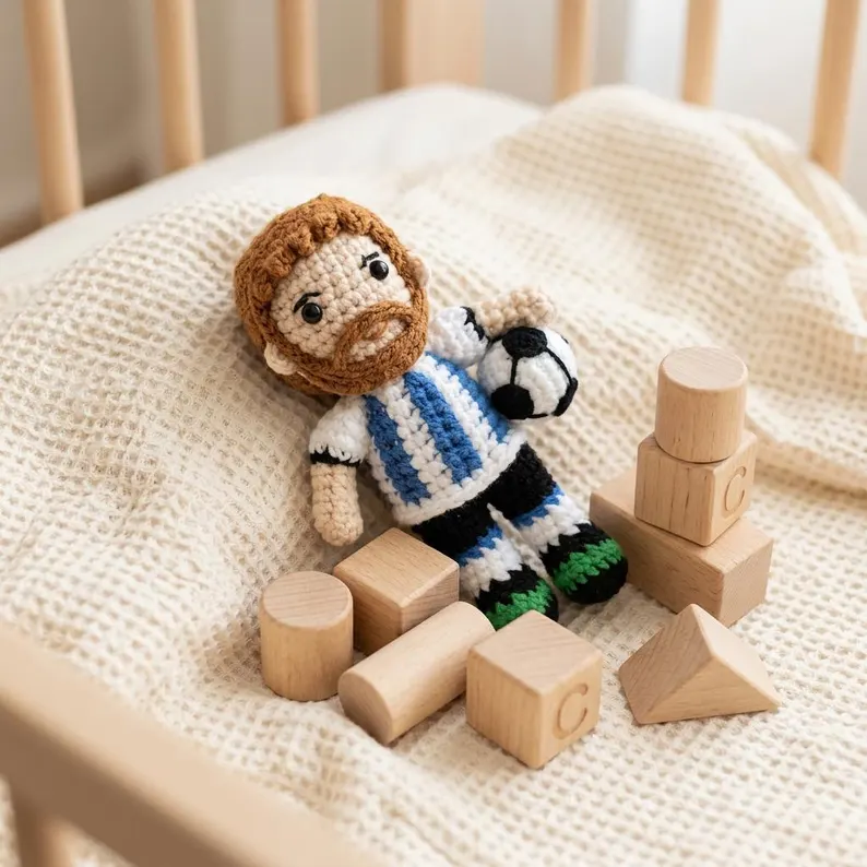 Crochet Lionel Messi Doll With Wooden Blocks