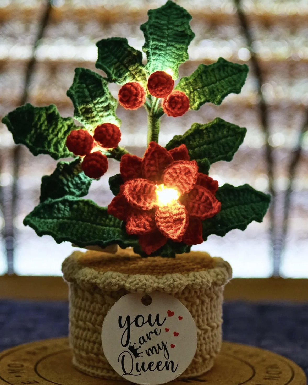 8.5 Inch Thanksgiving Xmas gift Crochet Holly Handmade Flower Personalized Gift (No Lights)