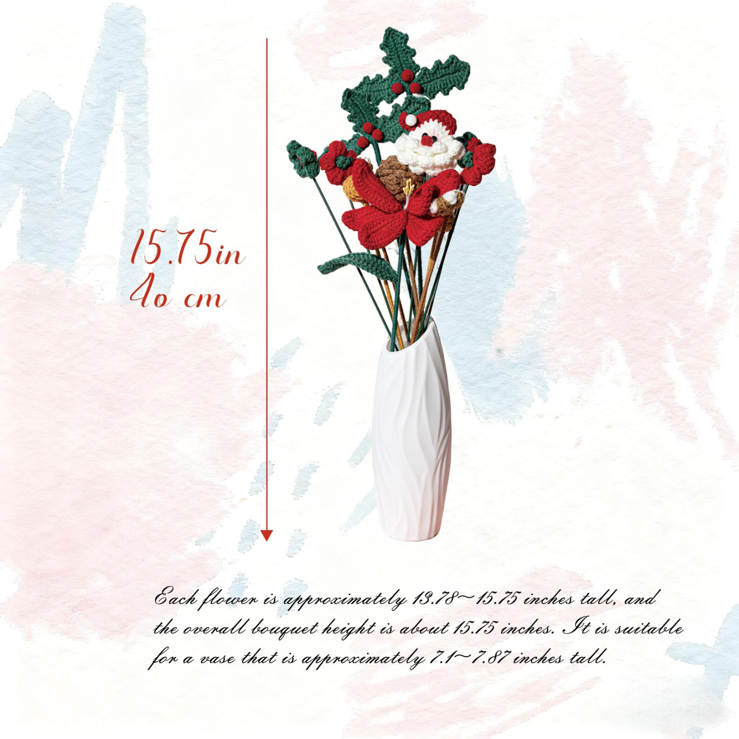 Handmade Crochet Flower Christmas Santa Claus 15.75 Inch Bouquet Festive Decor 