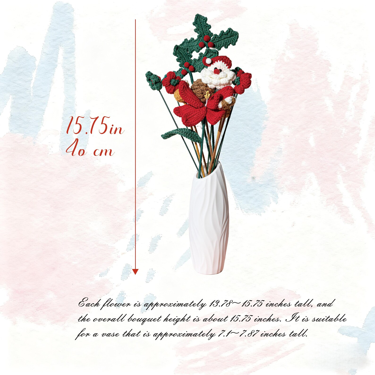 Handmade Crochet Flower Christmas Santa Claus 15.75 Inch Bouquet Festive Decor 