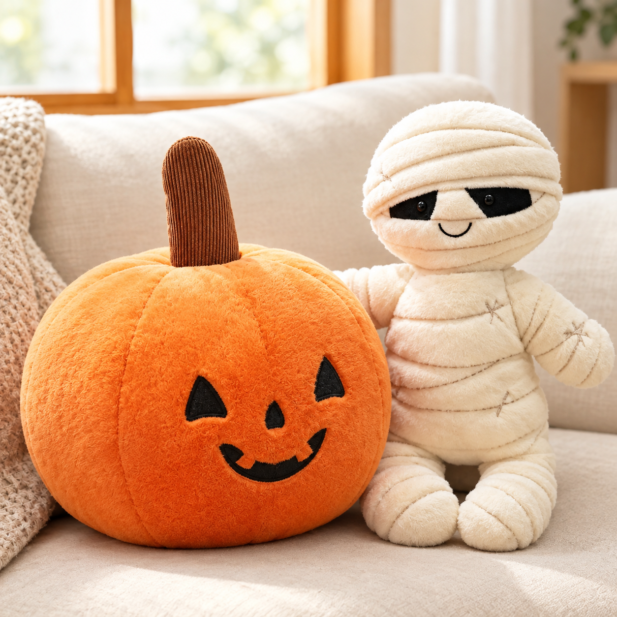Handmade plush toys Halloween mummy and pumpkin, spooky stuffed animal decor gift