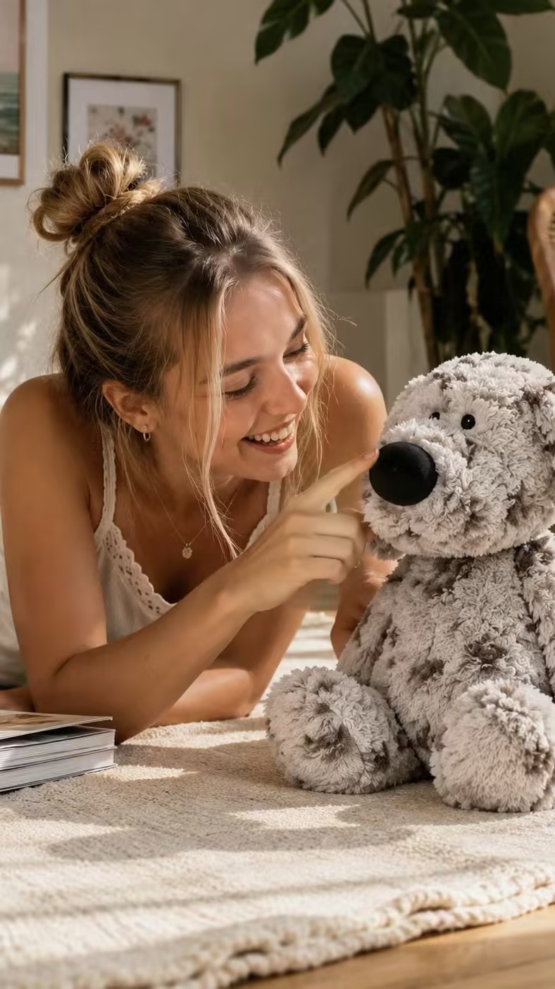 Happy customer with large soft stuffed animal dog doll at home