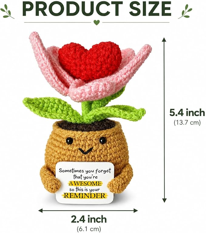 Positive Support Plush, Handmade Crochet Flower Pot, Emotional Support Plush Desk Decor, Encouragement Gift for Women, Friends and Coworkers