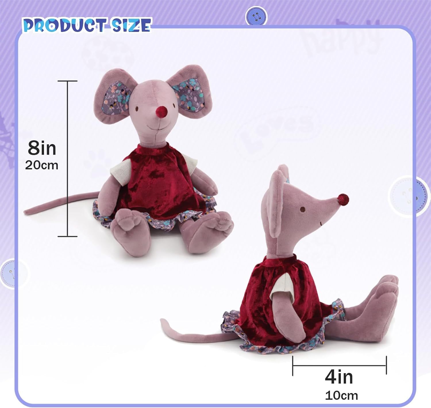 Ballet Mouse Stuffed Animal, Washable Plush Toy with Removable Dress