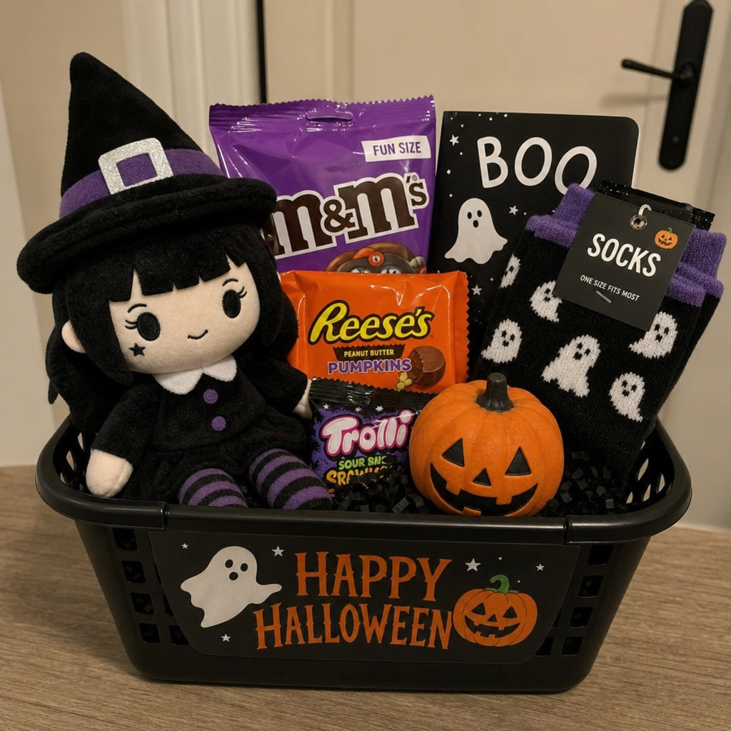 Halloween spooky basket with plush doll, candy, socks, and mini pumpkin