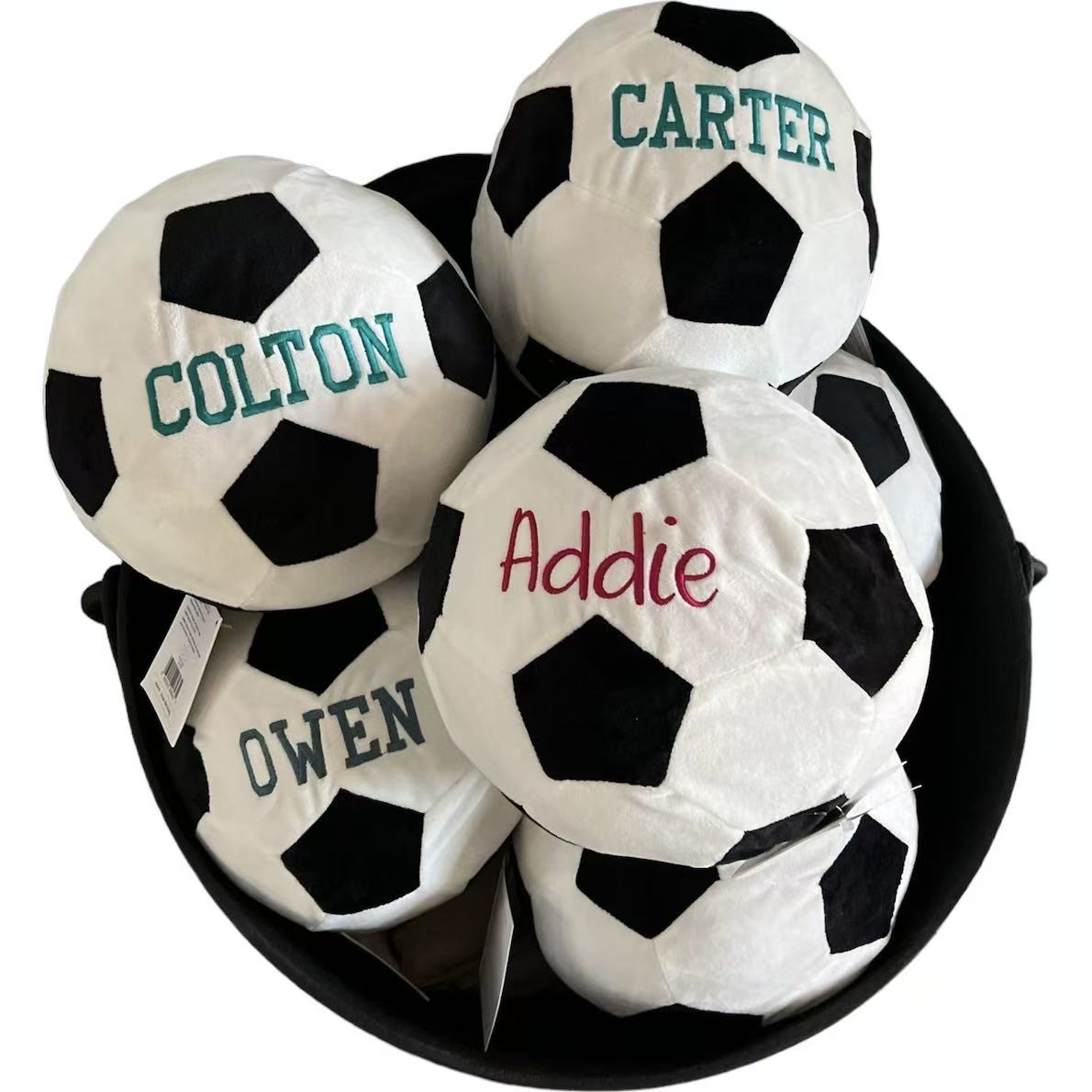 Personalized Plush Soccer Balls in a Basket.