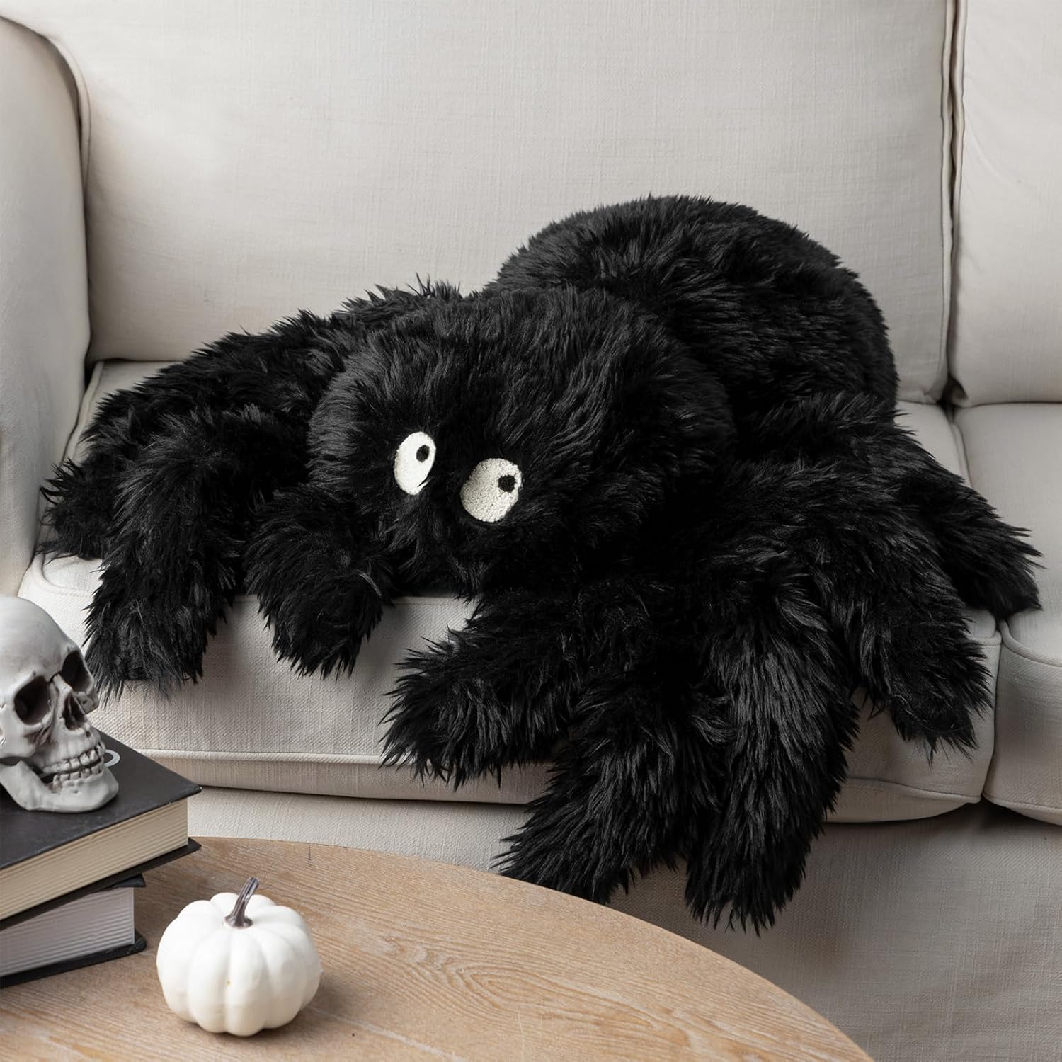Happy Halloween Spider Shaped Throw Pillow, Faux Fur Fluffy Tarantula Shaped Halloween Cushion Pillow, White, 9 x 16 inch