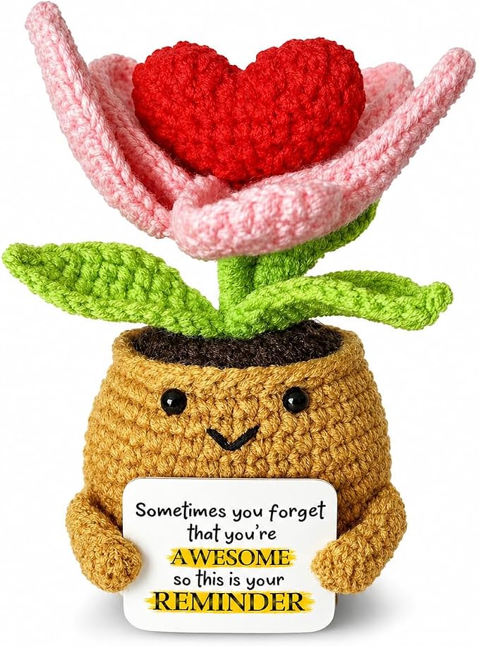 Positive Support Plush, Handmade Crochet Flower Pot, Emotional Support Plush Desk Decor, Encouragement Gift for Women, Friends and Coworkers