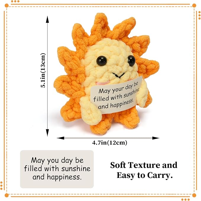 Positive Support Plush, Handmade Crochet Sun Doll, Stuffed Animal Dolls, Emotional Support Sunflower Plush with Encouragement Card, Cute Desk Toy for Adult Stress Relief