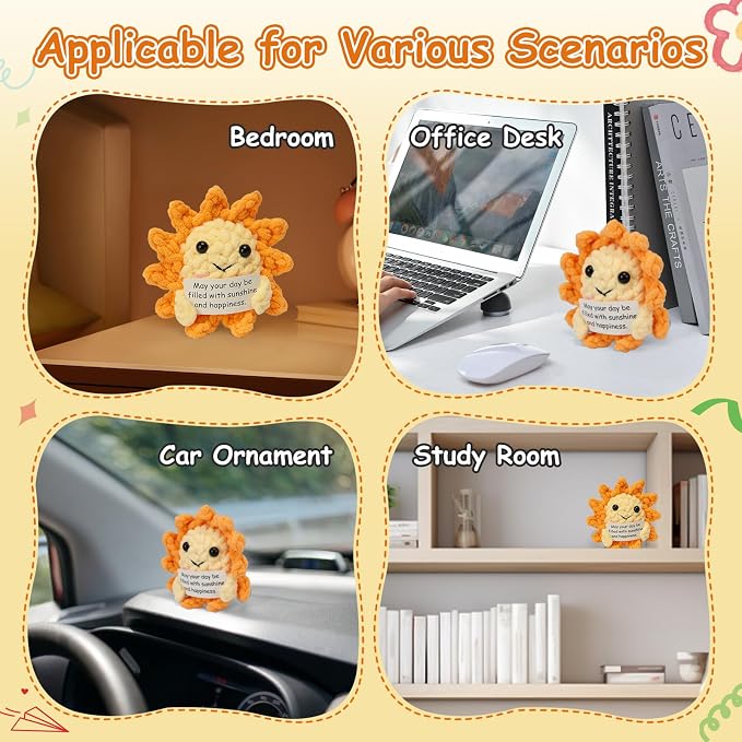 Positive Support Plush, Handmade Crochet Sun Doll, Stuffed Animal Dolls, Emotional Support Sunflower Plush with Encouragement Card, Cute Desk Toy for Adult Stress Relief