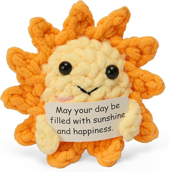Positive Support Plush, Handmade Crochet Sun Doll, Stuffed Animal Dolls, Emotional Support Sunflower Plush with Encouragement Card, Cute Desk Toy for Adult Stress Relief