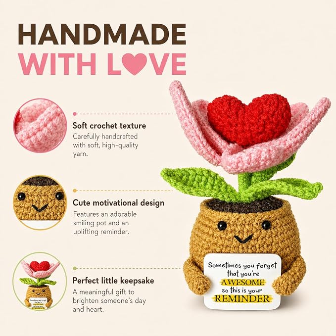 Positive Support Plush, Handmade Crochet Flower Pot, Emotional Support Plush Desk Decor, Encouragement Gift for Women, Friends and Coworkers