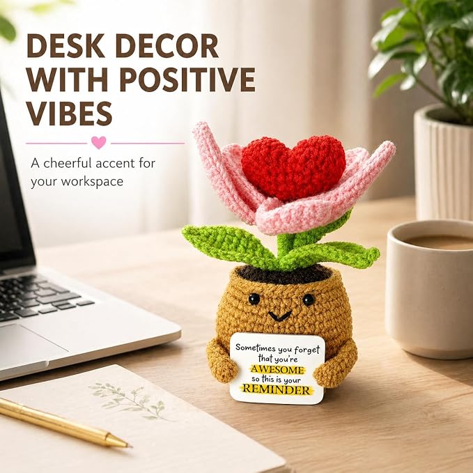 Positive Support Plush, Handmade Crochet Flower Pot, Emotional Support Plush Desk Decor, Encouragement Gift for Women, Friends and Coworkers