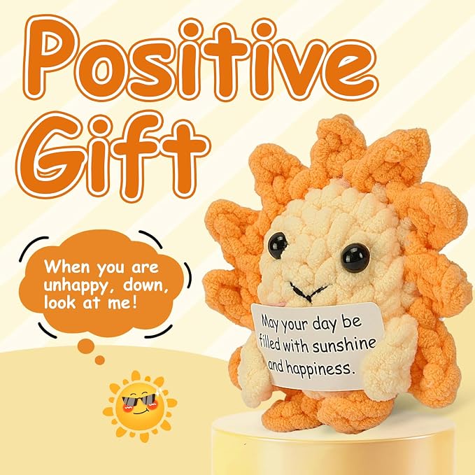 Positive Support Plush, Handmade Crochet Sun Doll, Stuffed Animal Dolls, Emotional Support Sunflower Plush with Encouragement Card, Cute Desk Toy for Adult Stress Relief