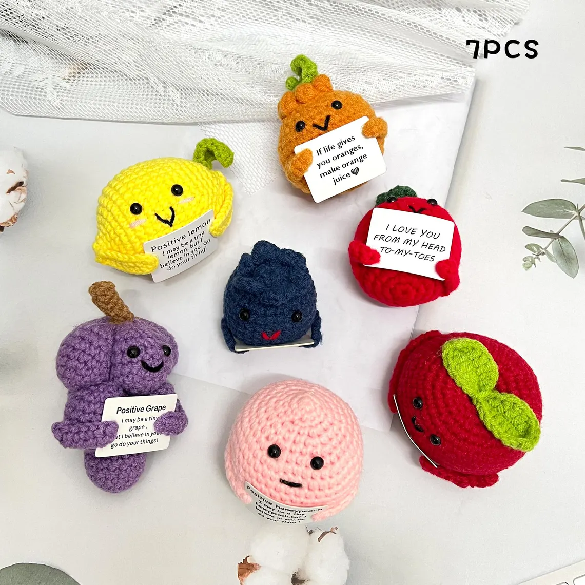 Positive Crochet Fruit Doll Hand Knitting Crochet Fruits with Positive Card Crochet Fruit Decor Funny Gifts With Positive Affirmations