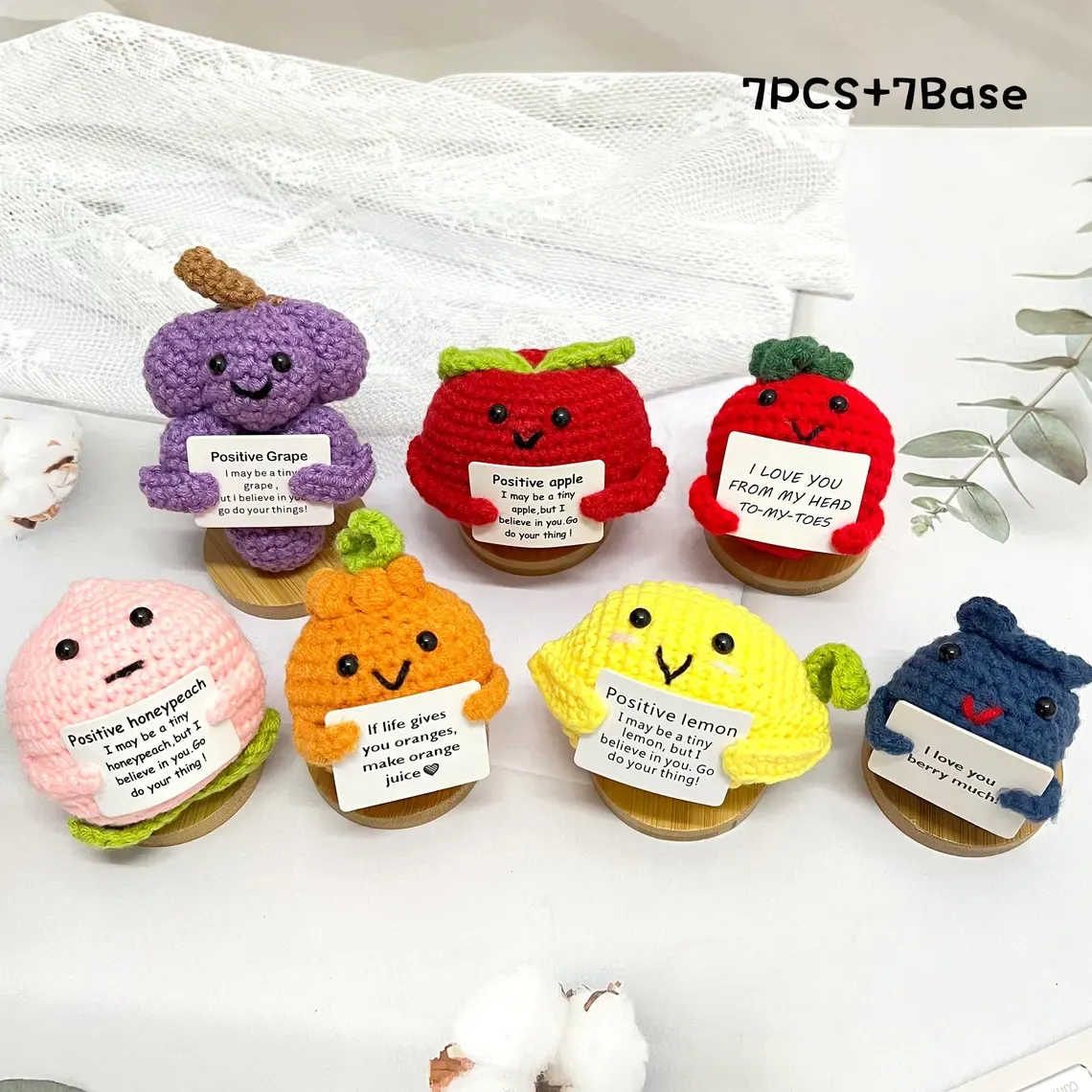 Positive Crochet Fruit Doll Hand Knitting Crochet Fruits with Positive Card Crochet Fruit Decor Funny Gifts With Positive Affirmations