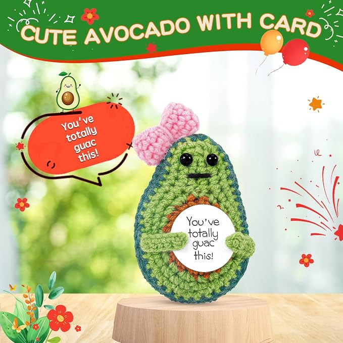 Handmade Crochet Avocado Plush, Funny Inspirational Stuffed Doll, Cute Positive Affirmation Desk Decor for Friends, Coworkers and Kids