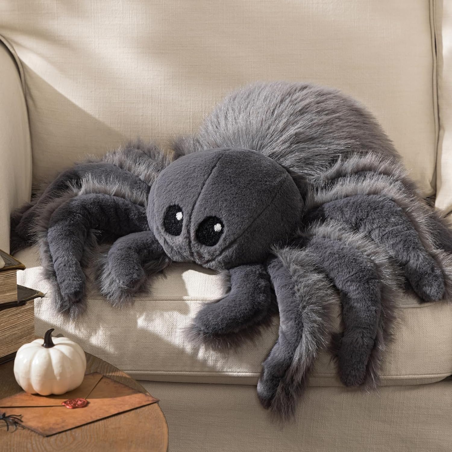 Happy Halloween Spider Shaped Throw Pillow, Faux Fur Fluffy Tarantula Shaped Halloween Cushion Pillow, White, 9 x 16 inch