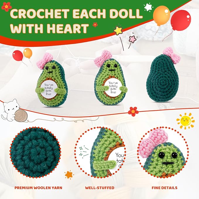 Handmade Crochet Avocado Plush, Funny Inspirational Stuffed Doll, Cute Positive Affirmation Desk Decor for Friends, Coworkers and Kids
