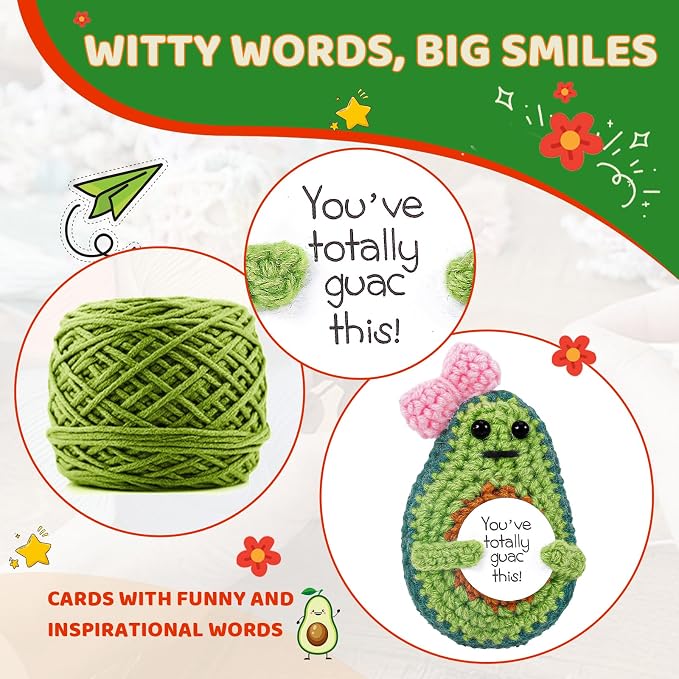 Handmade Crochet Avocado Plush, Funny Inspirational Stuffed Doll, Cute Positive Affirmation Desk Decor for Friends, Coworkers and Kids