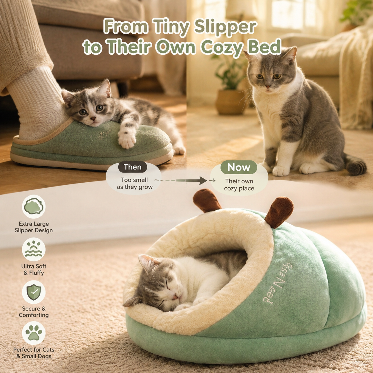 Cozy Green Fluffy Slipper-Shaped Pet Bed for Dogs and Cats