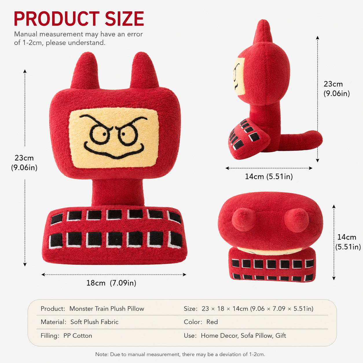Monster Plush Toy, Red Train Plush Doll, Cute Desk Decor for Workspace, Soft Stuffed Doll for Adults, Unique Gift for Plush Lovers