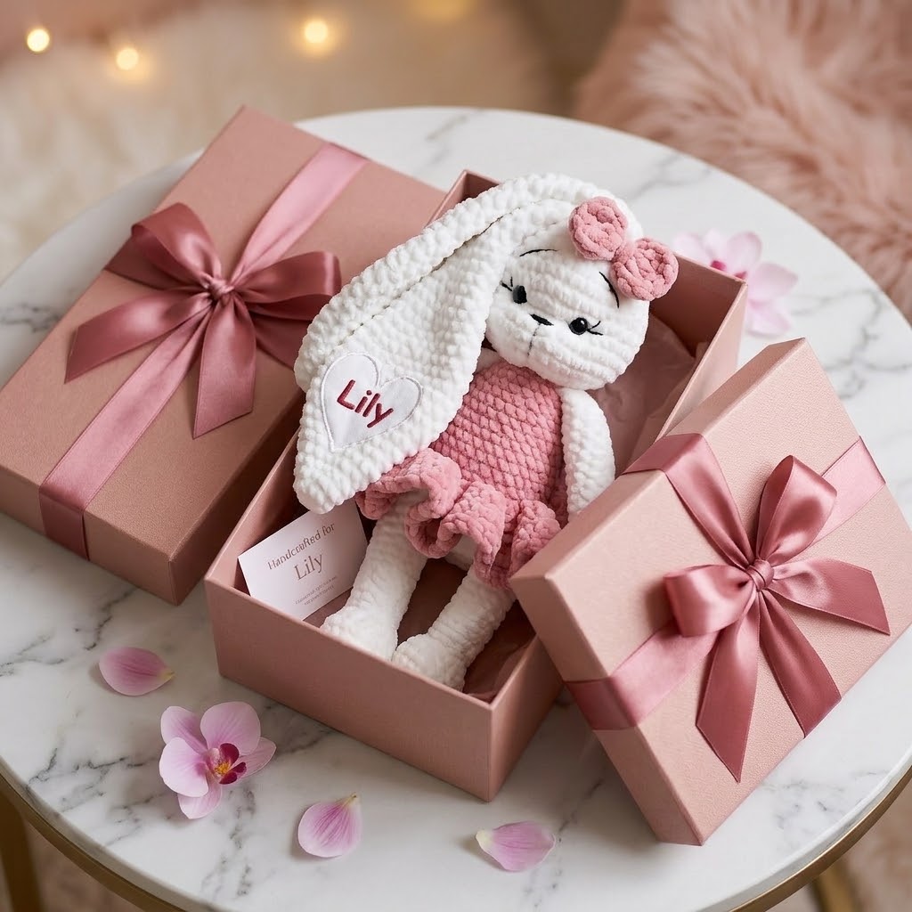 Personalized Crochet Bunny Plush Doll, Free Custom Embroidered Name Plushie for Friends, Kids & Lovers