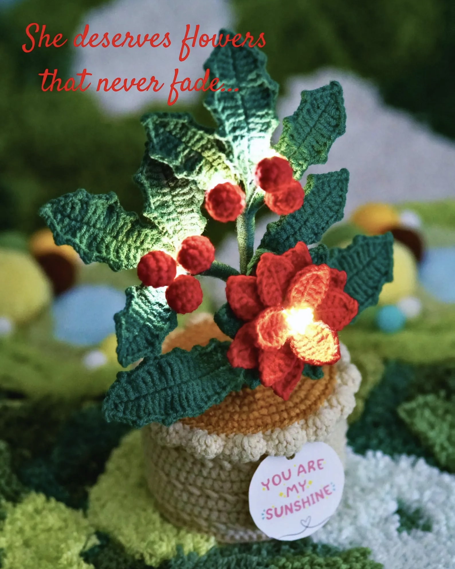 8.5 Inch Thanksgiving Xmas gift Crochet Holly Handmade Flower Personalized Gift (No Lights)