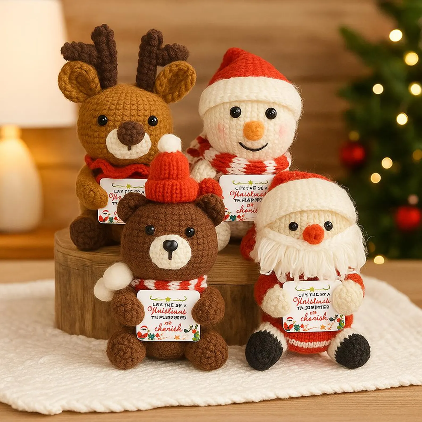 Handmade Crochet Christmas Plush Dolls - Santa/Reindeer/Snowman/Bear with Motivational Cards for Home Decor