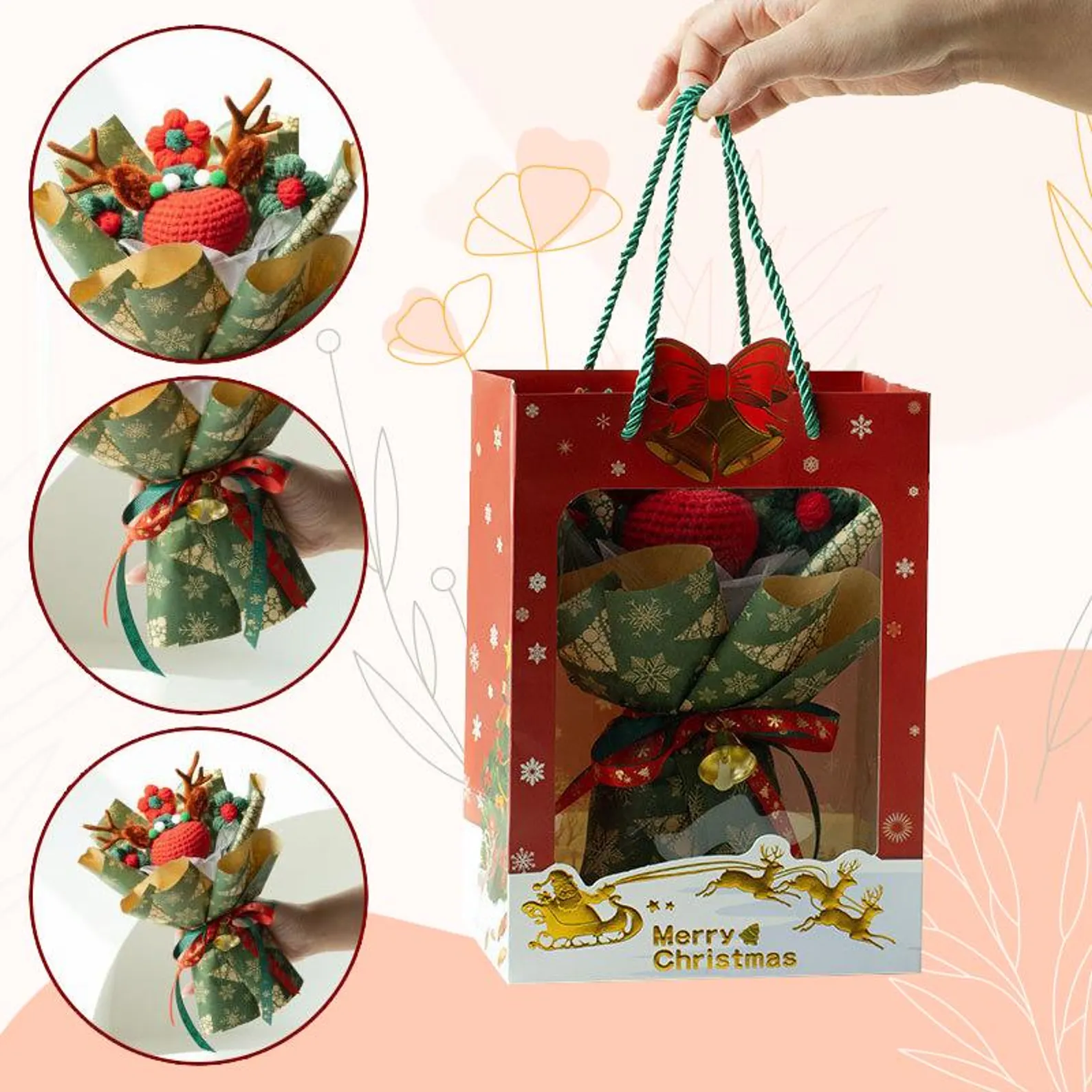 Handmade Crochet Reindeer Bouquet Christmas Flower Holiday Decor