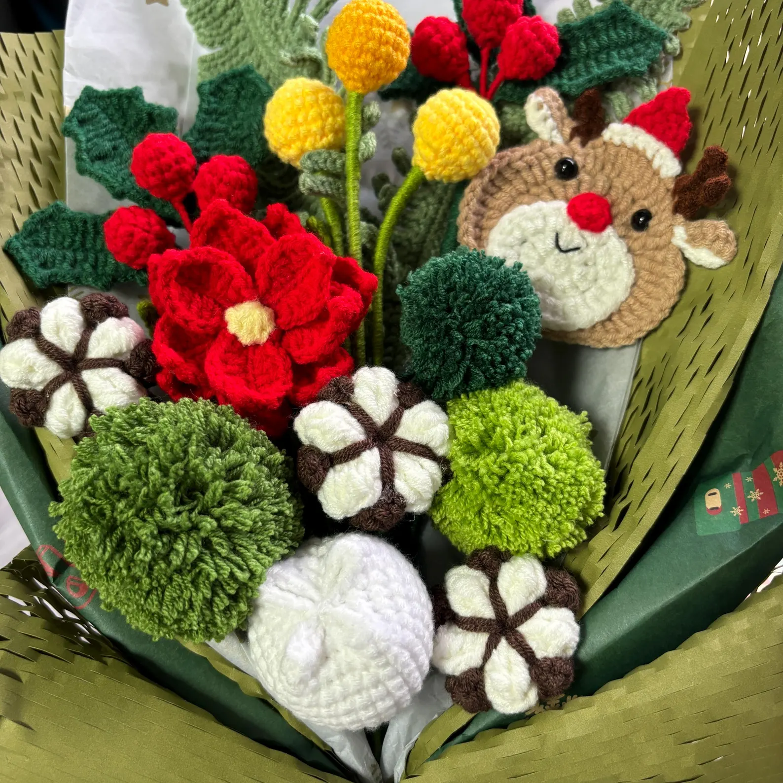 Handmade Christmas Reindeer Crochet Flower Bouquet Holiday Decor 