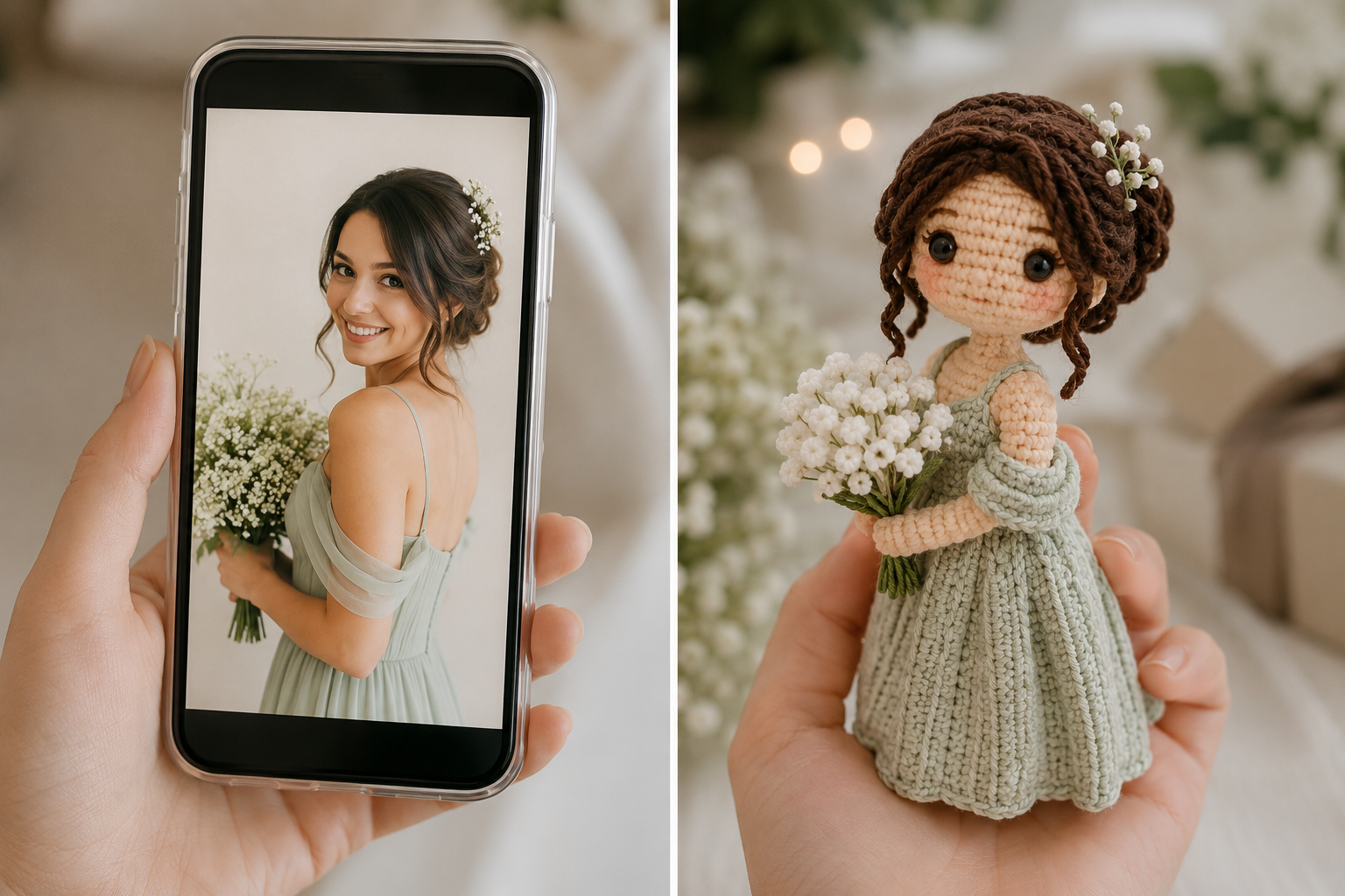 Handcrafted custom photo crochet doll as a unique bridesmaid proposal gift idea