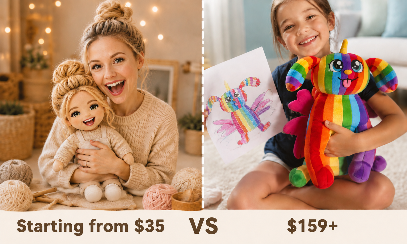 Comparison of a personalized crochet doll from Apripex starting at $35 vs a custom plushie from MakeMyPlush costing $159+