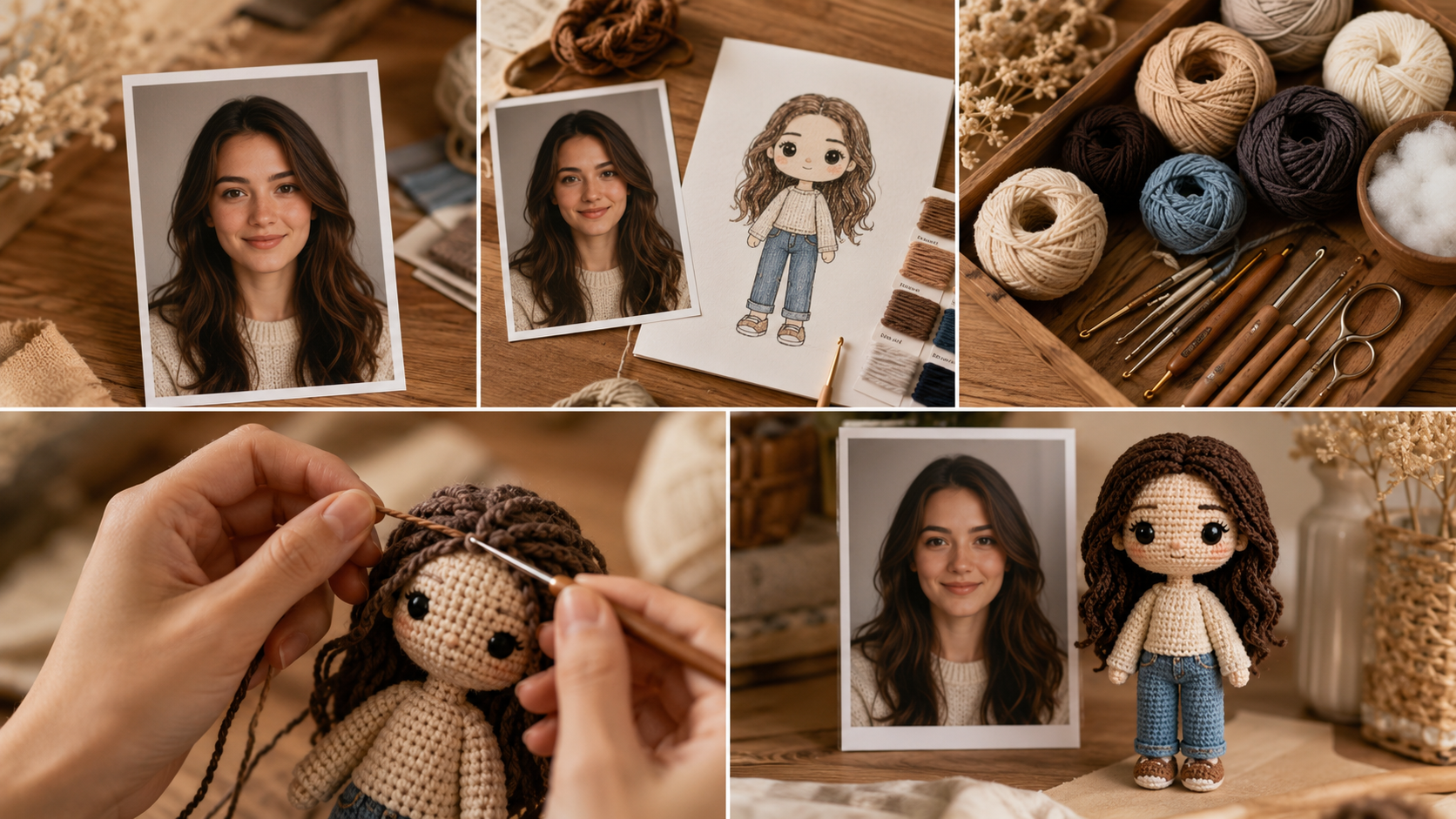 A premium editorial five-scene visual sequence showing the complete process of creating a custom crochet doll from a photograph